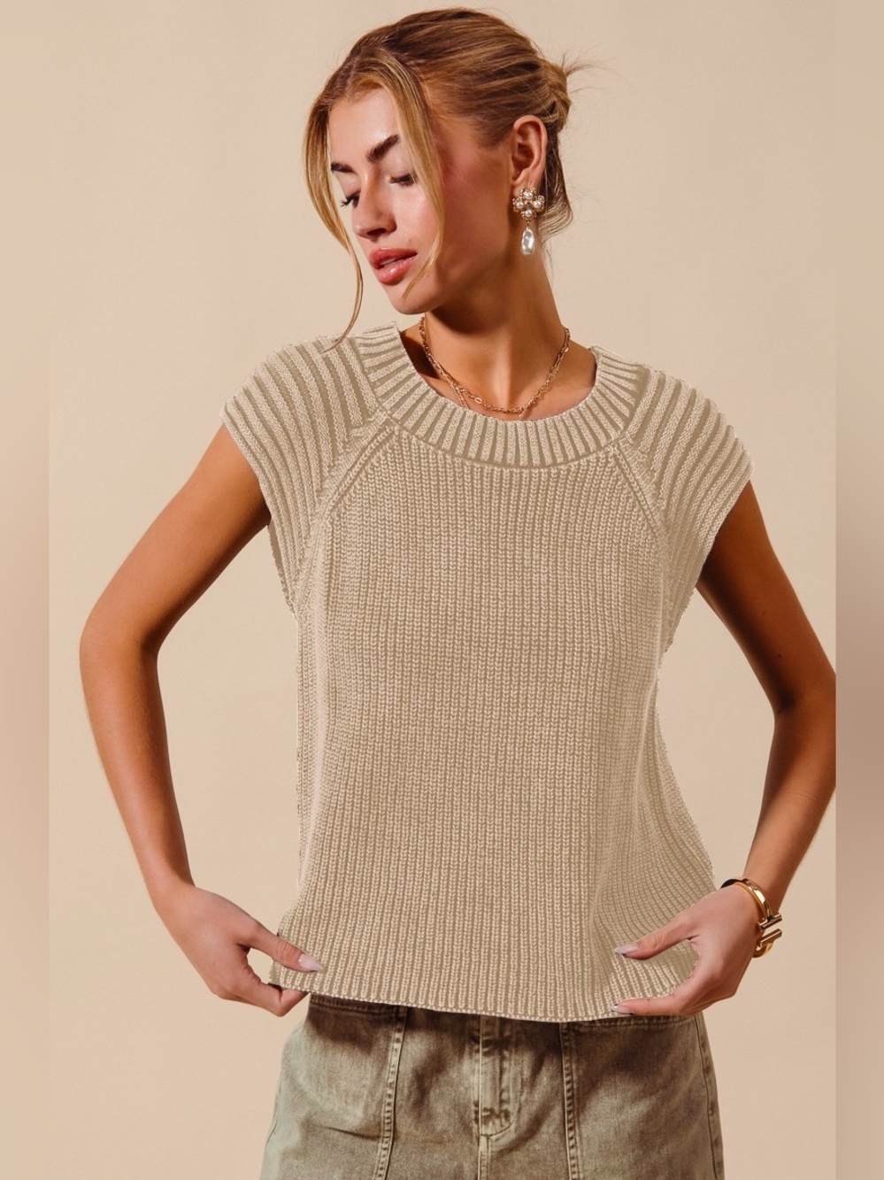SO ME Mineral Washed Raglan Sleeveless Sweater Top